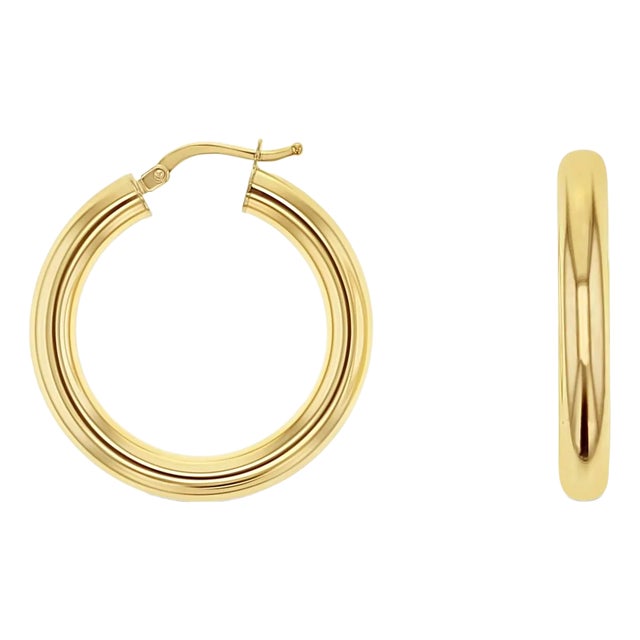 Small Gold Polished Hoops 28mm 14k Yellow Gold, 2 Pieces For Sale