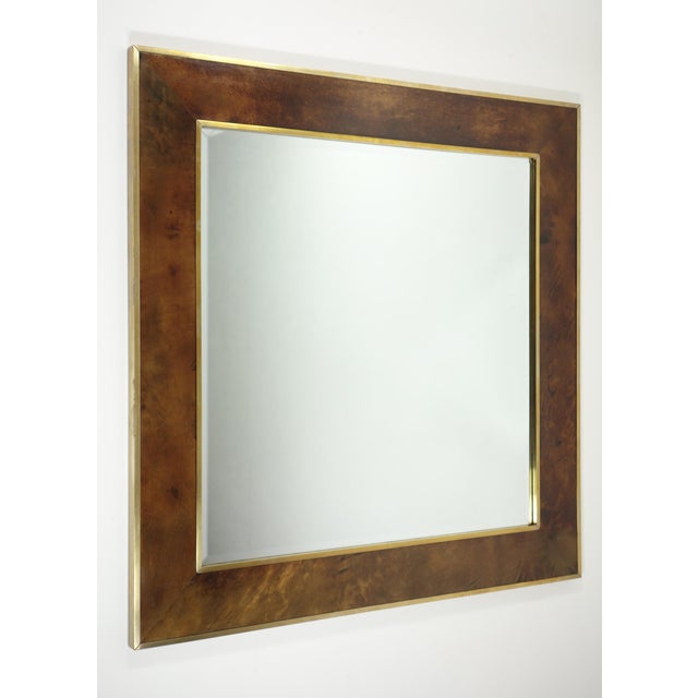Mid-Century Modernist Brown Parchment and Brass Mirror by Aldo Tura, Italy, 1950 For Sale - Image 4 of 12