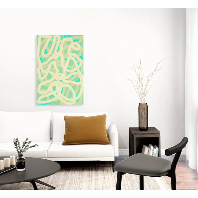 Contemporary Abstract Art Print Cream & Teal Line Shapes Tone on Tone by Angela Cameron For Sale - Image 3 of 3