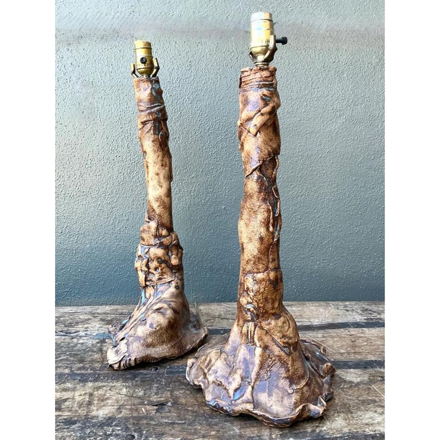 Vintage Hand Made Faux Bois Ceramic Lamps - A Pair For Sale - Image 9 of 12