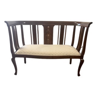 Antique Mahogany Inlaid Settee – Circa 1890s Marquetry & Mother of Pearl For Sale