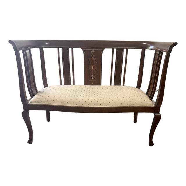Antique Mahogany Inlaid Settee – Circa 1890s Marquetry & Mother of Pearl For Sale