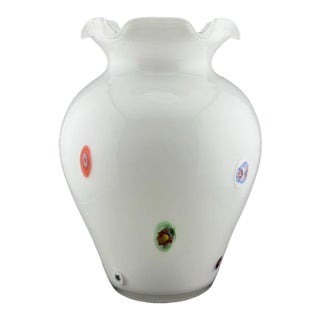 Vintage Murano STyle Millefiori Lavorazione White Glass Vase For Sale