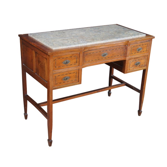 American Antique American Sheraton Inlaid Mahogany Marble Top Writing Desk Library Table For Sale - Image 3 of 14