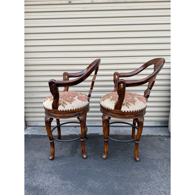 Maitland Smith Style Swivel Bar Stools - Carved Wood, Upholstered Seats, Priced to Sell For Sale - Image 11 of 11