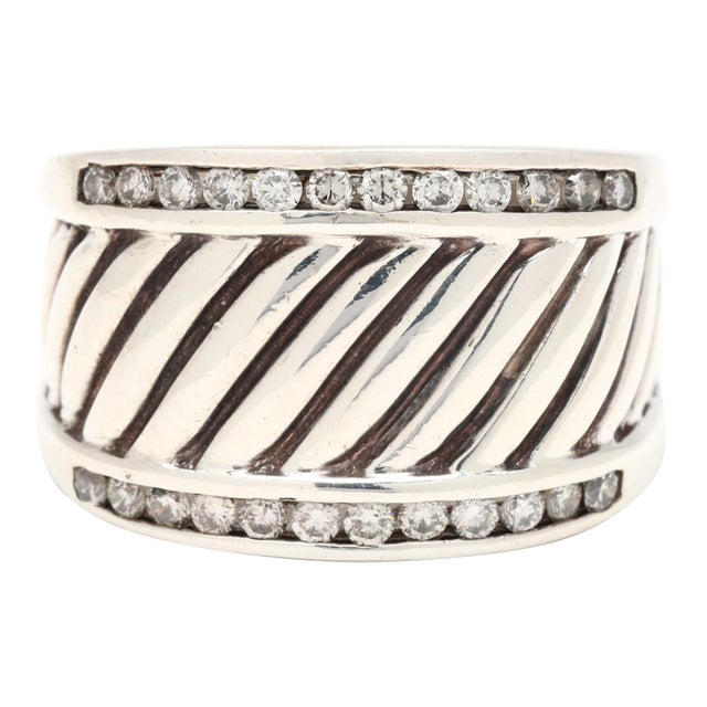 David Yurman .50ctw Diamond Thick Cigar Band Ring, Sterling Silver, Ring Size 7 For Sale
