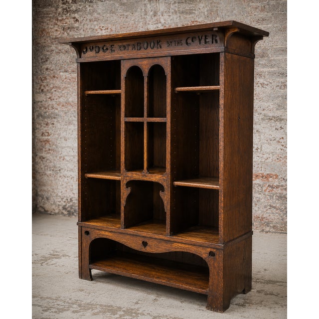English Arts & Crafts Oak Bookcase by the Cover Motto, 1890s For Sale - Image 9 of 10