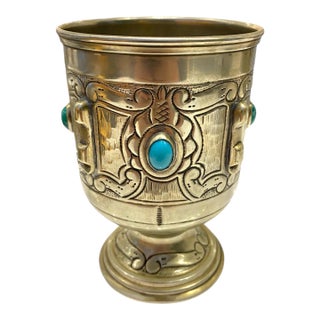 Vintage Alpaca Silver Spanish Goblet Cup With Turquoise Color Cabochon Stone Accents For Sale