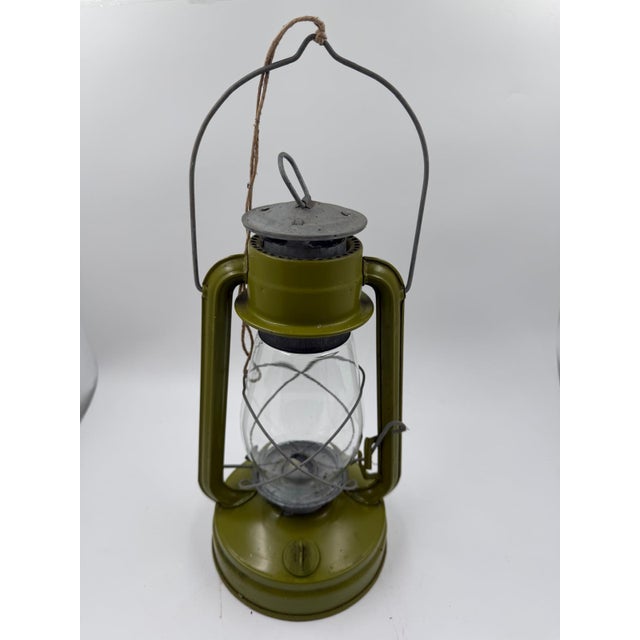 Kerosene Storm Lamp in Green Lacquered Metal and Glass For Sale - Image 6 of 14