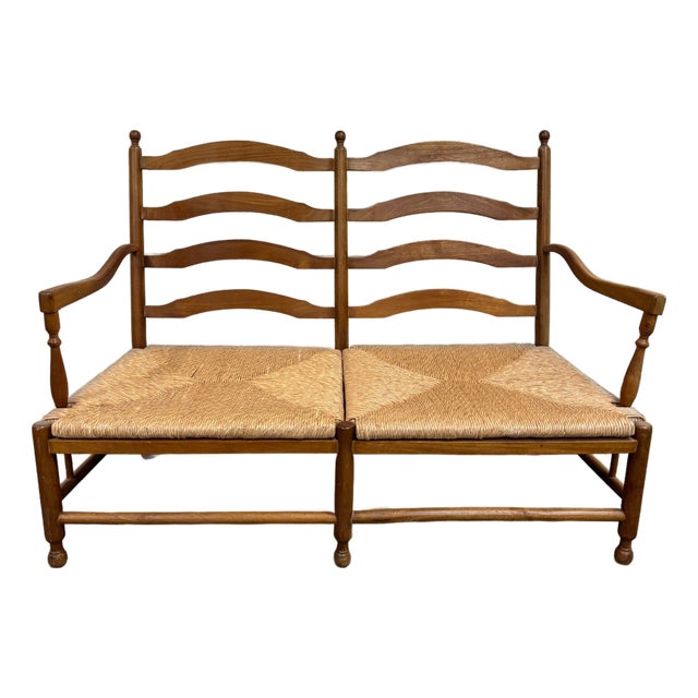 Vintage Country French Double Seat Ladder Back Rush Seat Bench Loveseat Settee For Sale