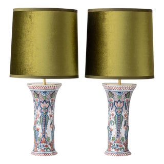 Dutch Delft Table Lamps with New Olive Velvet Drum Lampshades by Makkum, 1940s, Set of 2 For Sale