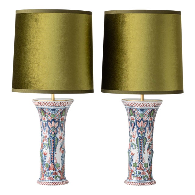 Dutch Delft Table Lamps with New Olive Velvet Drum Lampshades by Makkum, 1940s, Set of 2 For Sale