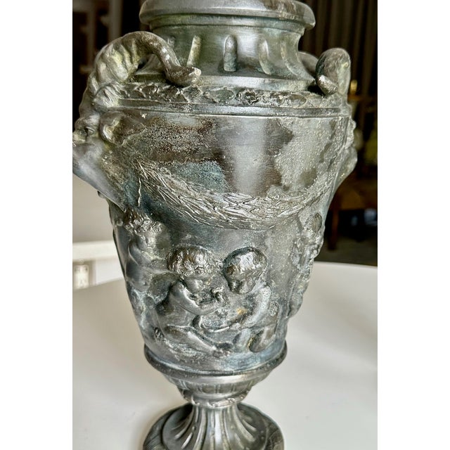 Pair French Metal Urns With Satyr and Putti For Sale - Image 16 of 18