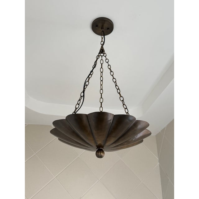 Art Nouveau Petal Pendant Light, Antique Brass Finish Solid Brass Flower Shade, 4 Light Hanging Fixture For Sale - Image 11 of 12