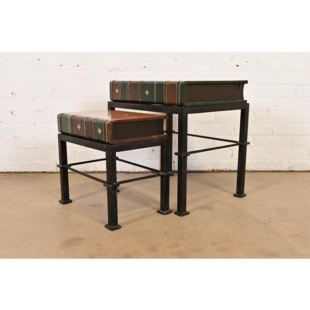 A gorgeous set of two Trompe L'oeil faux book nesting side tables Attributed to Maitland Smith USA, Circa 1980s Leather...