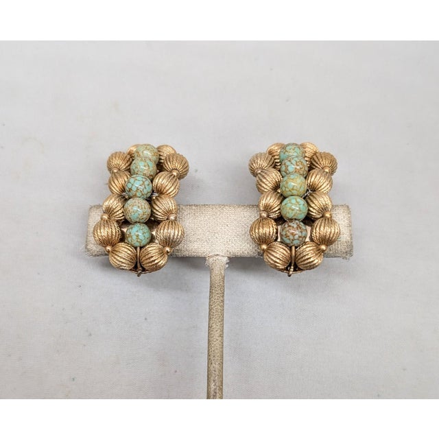 1950s Vintage 1950s Signed Napier Goldtone Faux-Turquoise Beaded Clip Earrings-2 Pieces For Sale - Image 5 of 7