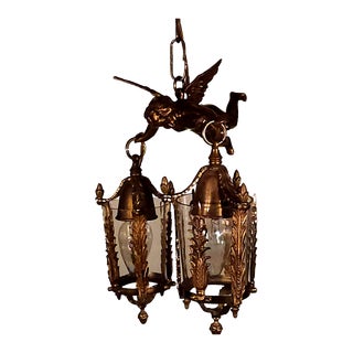 Vintage C 1950s French Brass Flying Cherub Double Hanging Lantern Chandelier #2 For Sale