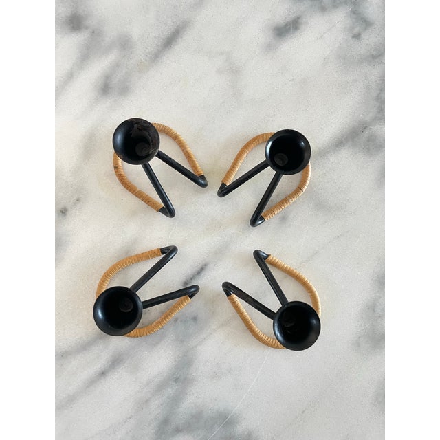 Mid-Century Modern Mid 20th Century Walter Bosse Blacked Steel & Woven Natural Raffia Fiber Candlesticks, Unmarked - Set of 4 For Sale - Image 3 of 9