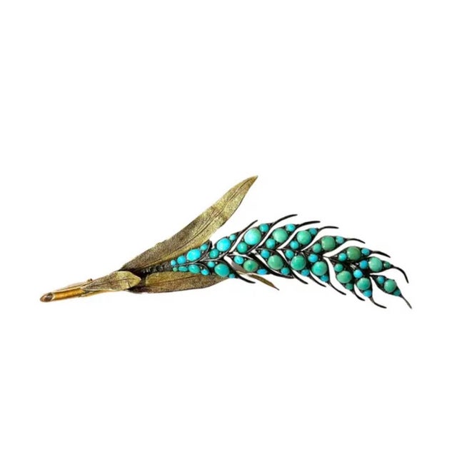 Modern Vintage 14k Gold Turquoise Leaf-Form Brooch, Mid-20th Century, 11.19g For Sale - Image 3 of 8