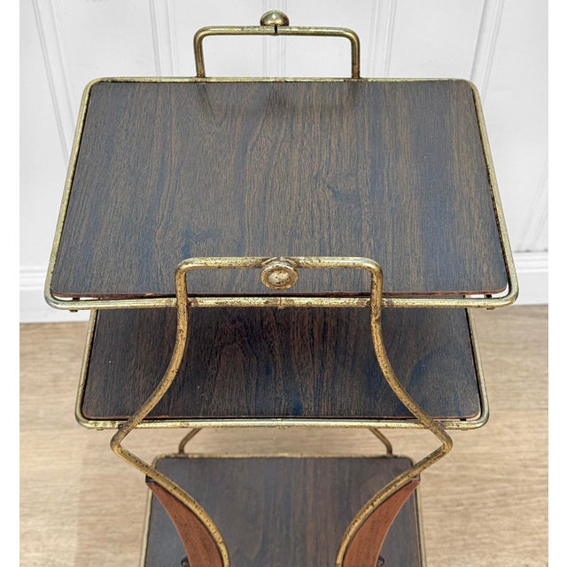 Mid-Century Atomic Faux Walnut Gold Tiered Plant Stand For Sale - Image 6 of 10