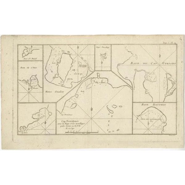 Antique map titled 'Baye du Cap Upright (\.)'. Eight charts on one sheet of Cap Providence, St. David's Cove, the Bay of...