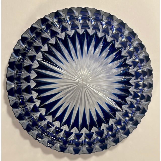 Vintage Moser Glass Czech Republic Cobalt Blue Cut to Clear Crystal Ashtray For Sale In Los Angeles - Image 6 of 10