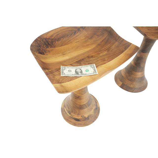 Turned Bases Carved Seat Solid Oiled Walnut Bar Stools MINT! For Sale - Image 6 of 14