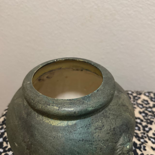 1970s Antique Bronze-Inspired Ceramic Vase – Weathered Patina Vase With Lion Crest For Sale - Image 5 of 10