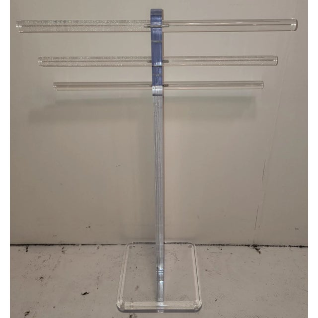 Mid Century Lucite Valet Towel or Blanket Rack with six arms. Great weight thick base and stem. Very sturdy and strong.