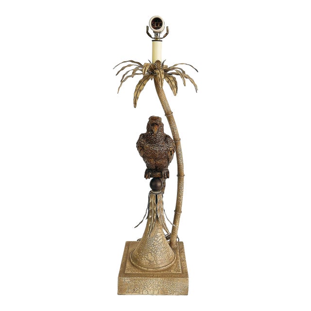 Late 20th Century Palm Beach Chic Brass Macaw Parrot Tole Palm Tree Lamp For Sale