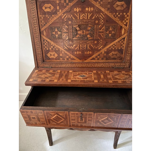 Brown Antique American Marquetry Desk, Chair and Inner Box - Set of 3 For Sale - Image 8 of 12