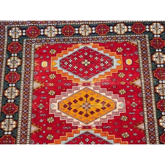 Red Vintage Persian Tribal Square Rug, Hand-Knotted Wool, Geometric Medallions Pattern, 4x4, Red & Blue For Sale - Image 8 of 15