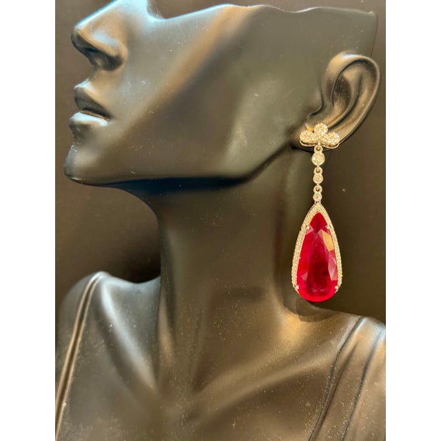 Pink 62 Ct Natural Pear Drop Pink Tourmaline & Diamond Cocktail Earring, 14 Kt Gold For Sale - Image 8 of 18