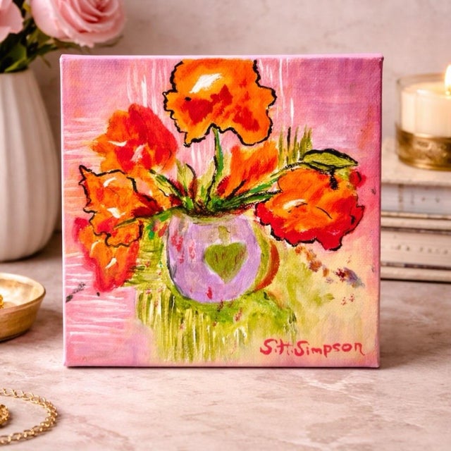 A vibrant original floral still life painting featuring bold poppy blooms in a colorful vase, perfect for cottagecore...