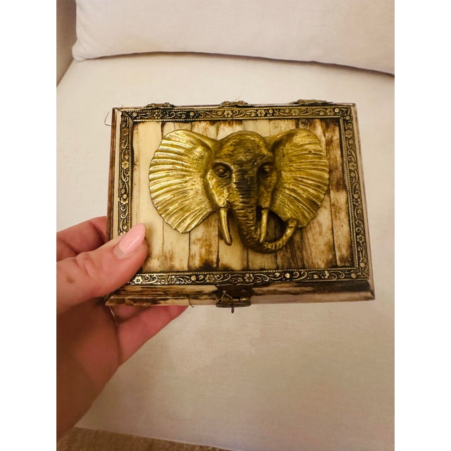 Safari Vintage Bone and Brass Elephant Box For Sale - Image 3 of 11