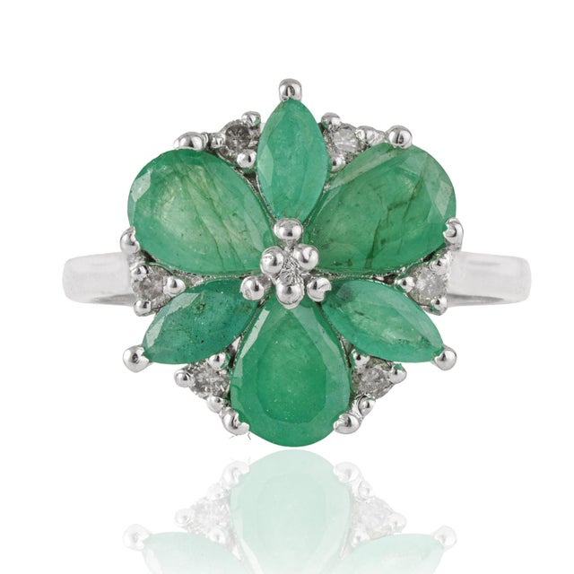 Contemporary 3.05 Ct Natural Zambian Emerald & Diamond Floral Ring, Size 7 For Sale - Image 3 of 15