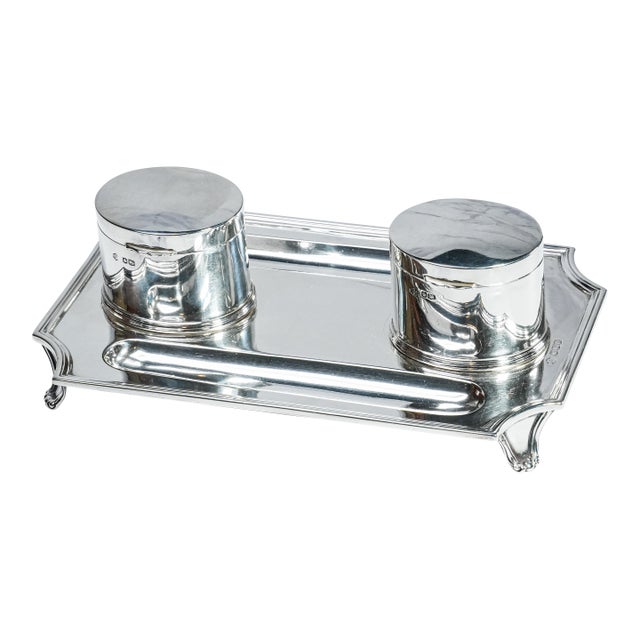 Exceptional Solid Sterling Silver Antique English Desk Double Inkwell Stand Inkstand For Sale
