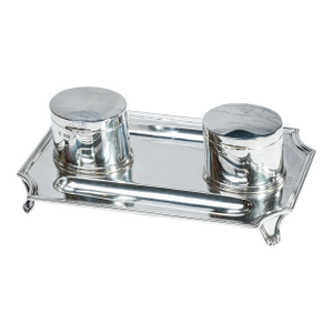 Exceptional Solid Sterling Silver Antique English Desk Double Inkwell Stand Inkstand