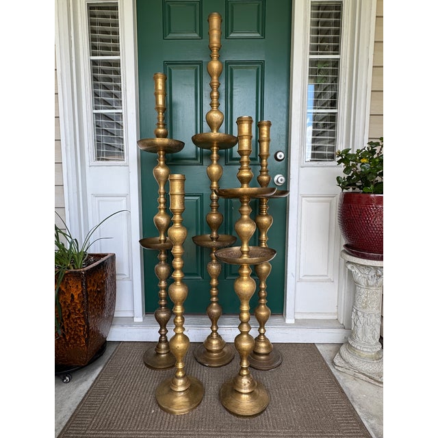 Vintage 1960s Moroccan Etched Brass Pillar Altar Floor Candle Stands = 5 Altars (35 Pieces) For Sale - Image 6 of 15