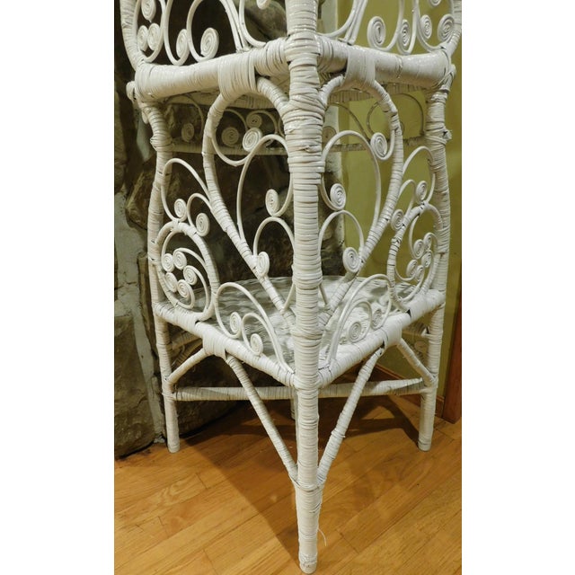 Vintage 1960s White Wicker & Rattan Corner Étagère – Ornate Heart + Scroll Motif, 3-Tier, 60" H For Sale - Image 14 of 18