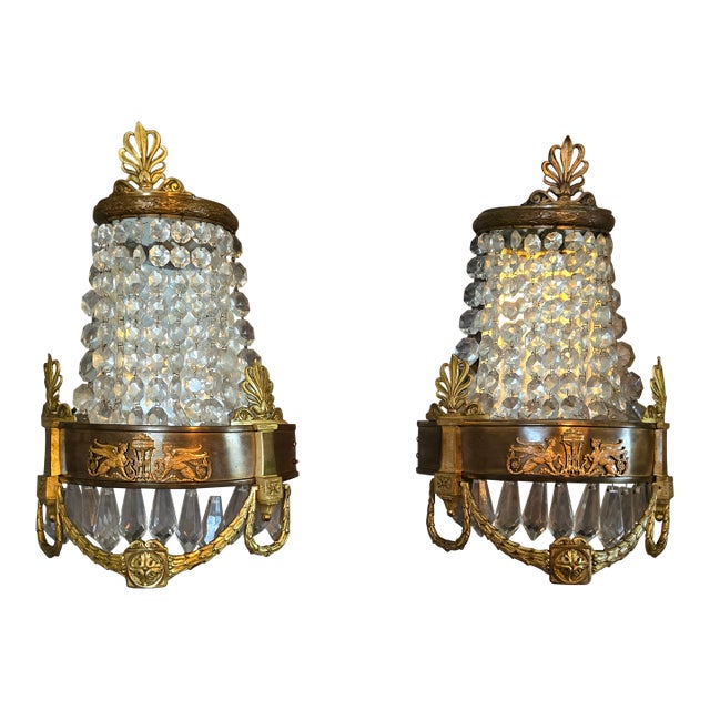Antique French Empire Bronze Crystal Sconces - a Pair For Sale