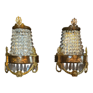 Antique French Empire Bronze Crystal Sconces - a Pair