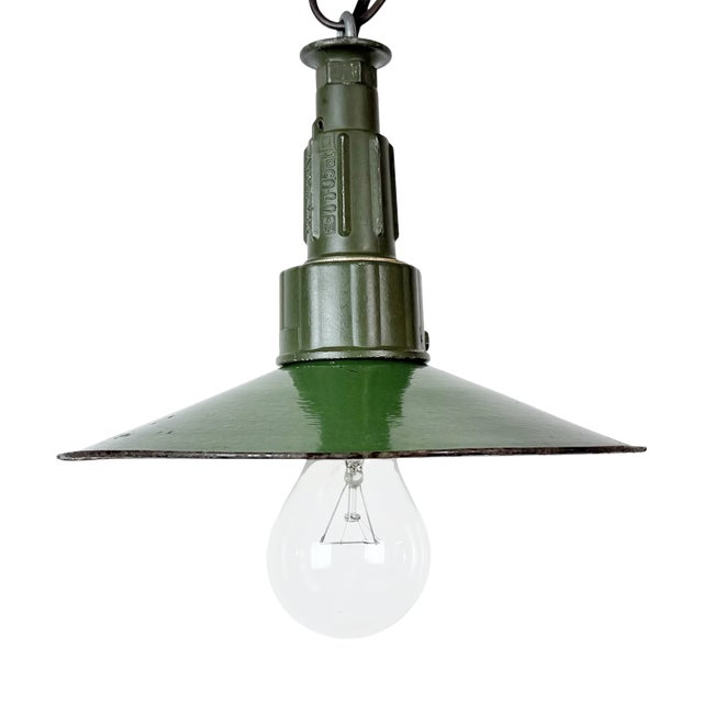 Industrial Green Enamel Military Pendant Lamp with Cast Aluminium Top, 1960s For Sale