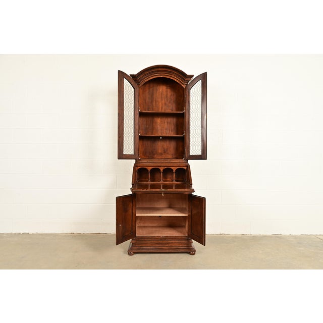 1970s Guido Zichele Style Italian Provincial Carved Walnut Drop Front Secretary Desk With Lighted Bookcase Hutch, Circa 1970s For Sale - Image 5 of 18