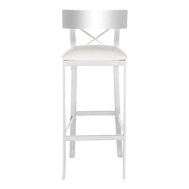 39''H Stainless Steel Cross Back Barstool in White & Chrome For Sale