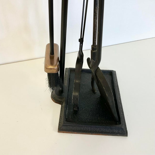 Metal 1970s Mid-Century Wrought Iron With Bronze Handle Fireplace Tools & Rack - 5 PCS Set For Sale - Image 7 of 14
