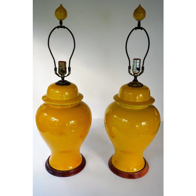 Mid Century Marigold Yellow Ginger Jar Lamps With Matching Finials - a Pair For Sale - Image 10 of 10