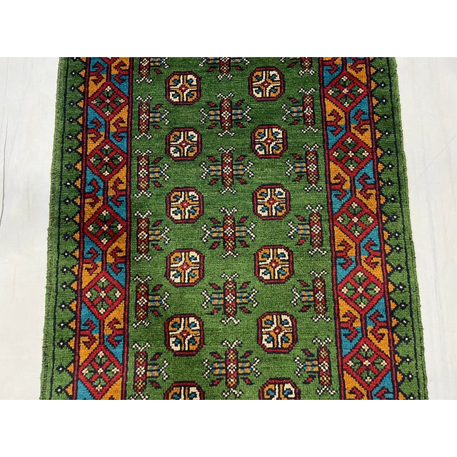 Green Green Tribal Geometric Hallway Runner Rug With Red and Turquoise Border, 2'9" X 16'1" For Sale - Image 8 of 13