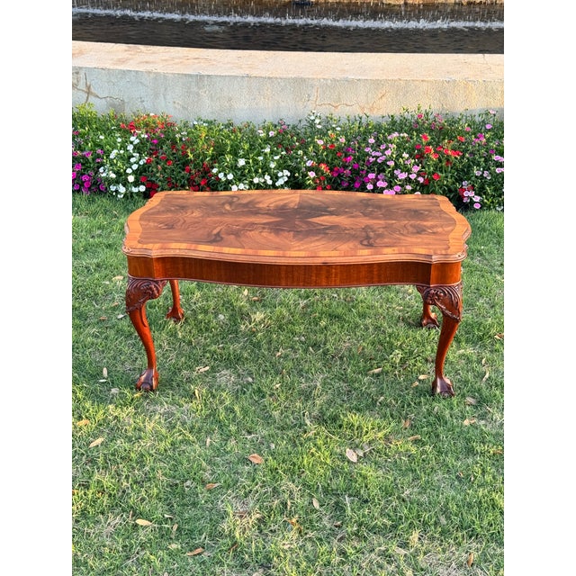 Early 20th Century Antique Chippendale Style Coffee Table W/ Carved Legs, Ball & Claw Feet, Book-Matched Burl Wood Top For Sale - Image 5 of 7