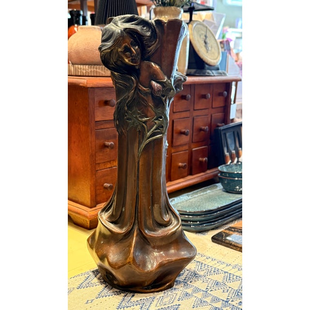 Bronze Early 20th Century Early Patinated Bronze Art Nouveau Vase With Maiden & Floral Design by Francesco Flora For Sale - Image 8 of 17